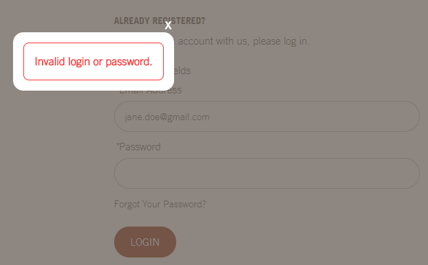 Alert modal dialog: Invalid login or password.